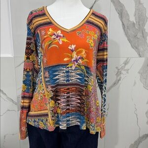 Johnny Was Allie Flower V-Neck Longs Sleeve Blouse Tee